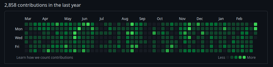 bitfl0wer&#39;s (mine) commit graph for the past year. A lot of green squares, signalling a lot of commits/activity that has been made. The text above the graph reads: &quot;2,858 contributions in the last year&quot;